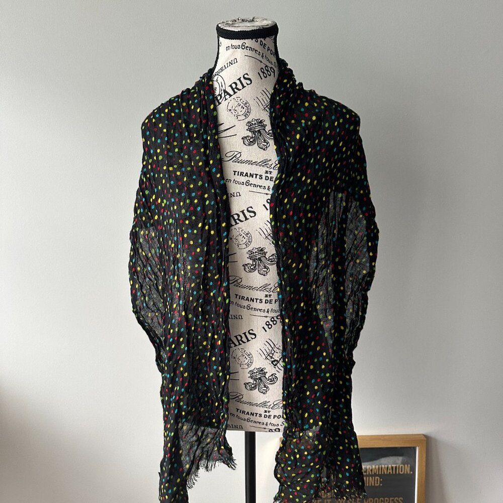 Black Multicolor Polka Dot Crinkle Scarf - Lightweight Fashion Wrap with Fringe
